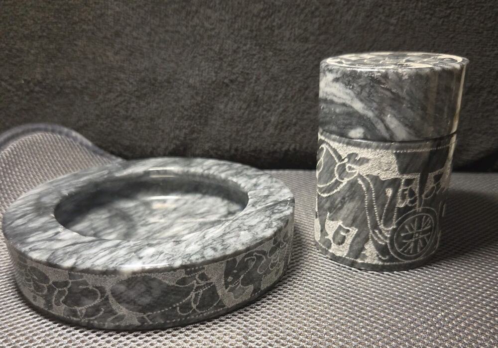 Vntg Marble Ashtray & Cigarette Holder Gray Etched Horses Chariots